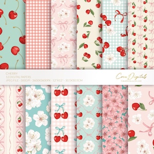 Papel digital de cereza, patrón floral vintage sin costuras en rosa y rojo, lazo, papel de fruta, flor de cerezo, paquete de 12 papeles digitales, DESCARGA INSTANTÁNEA