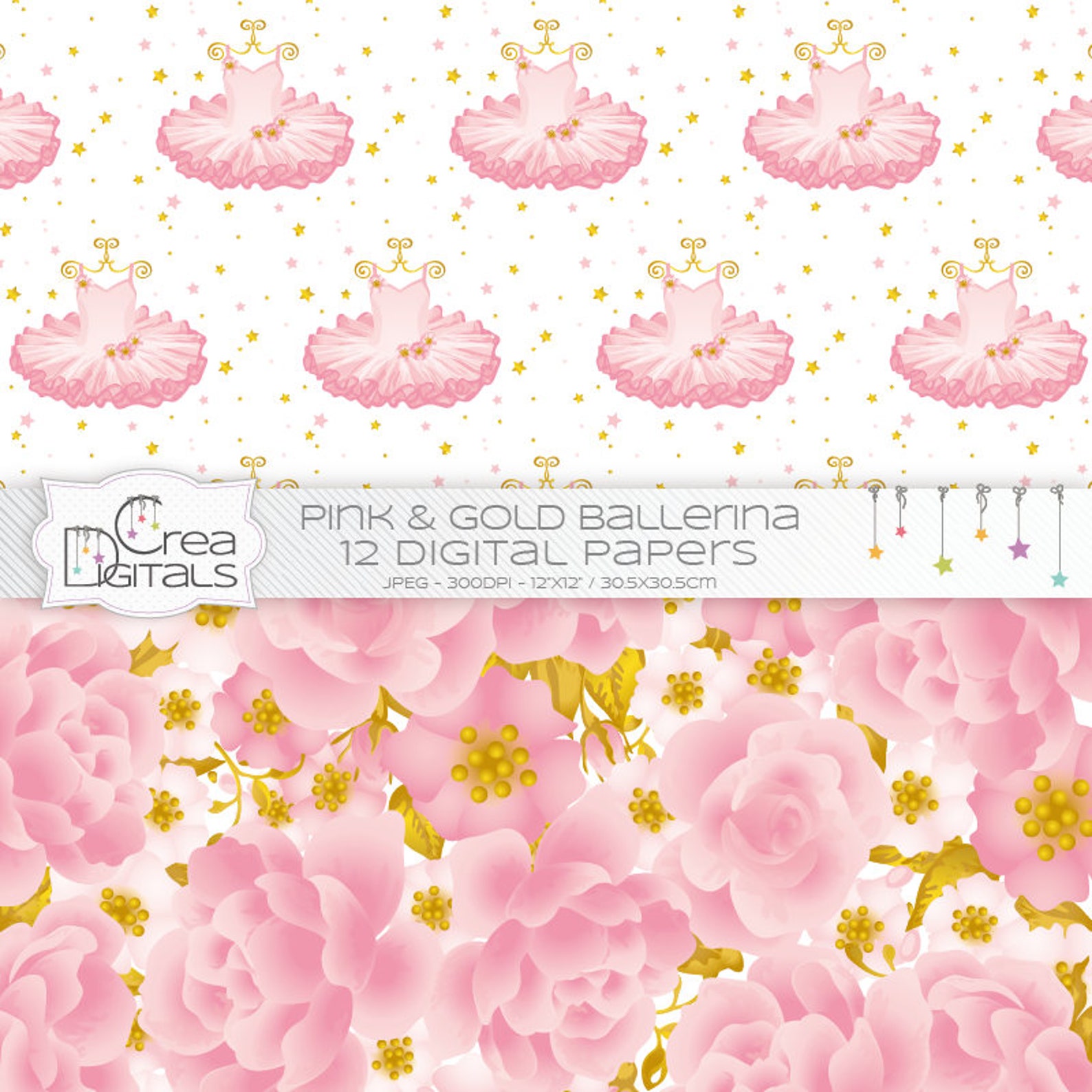 ballerina - 12 pink and gold digital papers - ballet and tutu printables - direct download