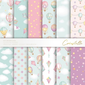 Papel digital globo aerostático, cometa, nubes, arco, molinete, estrellas, patrón sin costuras rosa y turquesa, DESCARGA INSTANTE