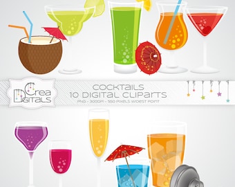Summer cocktails, 10 glasses cliparts, INSTANT DOWNLOAD