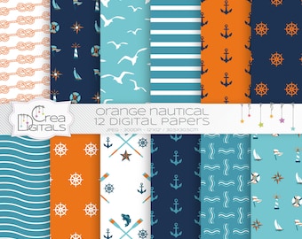 Orange, navy and turquoise nautical, 12 digital papers, DIRECT DOWNLOAD