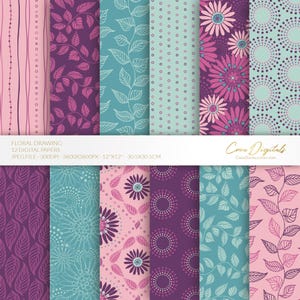 Hand-drawn flowers digital paper, purple, pink and turquoise seamless pattern, floral flowers, 12 digital paper pack, INSTANT DOWNLOAD
