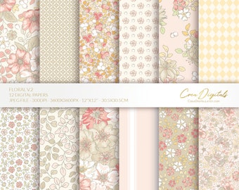 Floral digital paper, beige and peach seamless pattern, ditsy flowers, 12 digital paper pack volume 2, INSTANT DOWNLOAD