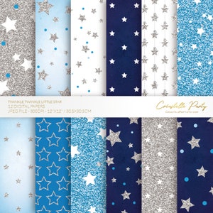 Marineblauwe en zilveren glitter twinkle little star 12 digitale papieren, INSTANT DOWNLOAD