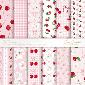 Carta digitale ciliegia, motivo floreale rosa e rosso senza soluzione di continuità, fiocchi rosa, carta alla frutta, fiori di ciliegio, confezione da 12 fogli digitali, DOWNLOAD IMMEDIATO