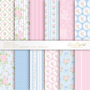 Papel digital Shabby Chic, patrón floral sin costuras en rosa bebé y azul, flores vintage, paquete de 12 papeles digitales, DESCARGA INSTANTÁNEA