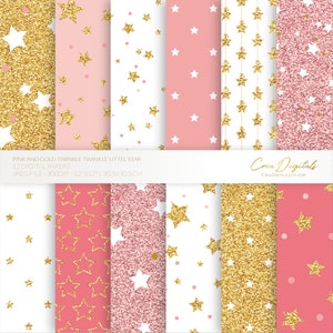 Pink and gold glitter twinkle little star digital papers, INSTANT DOWNLOAD