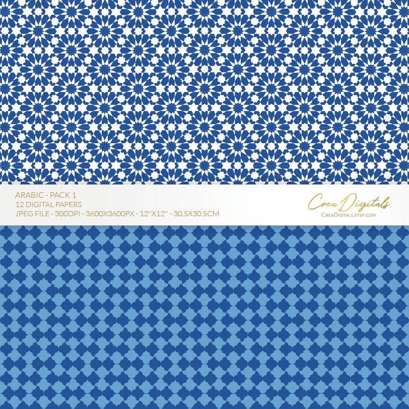 Arabic Pattern, Blue 12 Digital Paper Pack 1, Seamless Moroccan Pattern ...