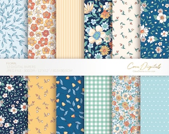 Floral digital paper, navy, coral and yellow seamless pattern, ditsy flowers, 12 digital paper pack, INSTANT DOWNLOAD