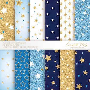 Marineblauwe en gouden glitter twinkle little star 12 digitale papieren, INSTANT DOWNLOAD