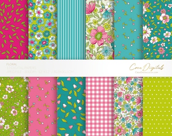 Floral digital paper, hot pink, turquoise and green seamless pattern, ditsy flowers, 12 digital paper pack, INSTANT DOWNLOAD