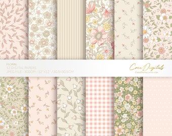 Floral digital paper, beige and peach seamless pattern, ditsy flowers, 12 digital paper pack, INSTANT DOWNLOAD