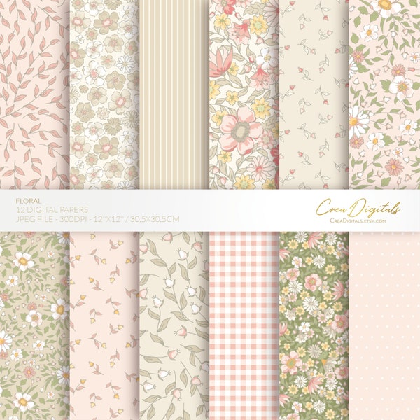 Floral digital paper, beige and peach seamless pattern, ditsy flowers, 12 digital paper pack, INSTANT DOWNLOAD