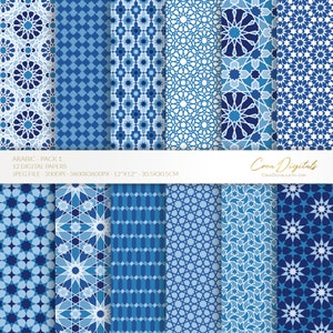 Arabisch patroon, blauw 12 digitaal papierpakket 1, naadloos Marokkaans patroon, islamitisch geometrisch pakket, eid-achtergrond, INSTANT DOWNLOAD
