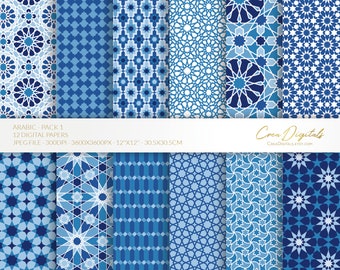 Puede incluir: Doce papeles digitales con patrones geométricos en tonos azules. Los patrones están inspirados en el diseño árabe e incluyen estrellas, círculos y formas geométricas. Los papeles miden 12 pulgadas por 12 pulgadas y 30,5 centímetros por 30,5 centímetros.