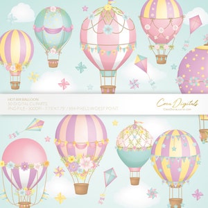 Mongolfiera, aquilone, nuvole, fiocco, girandola, stelle, rosa pastello, turchese, viola, 50 clipart digitali, DOWNLOAD IMMEDIATO