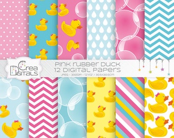 Rubber Duck, 12 aqua and pink digital papers, DIRECT DOWNLOAD
