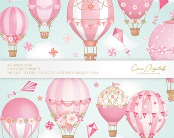 Hot Air Balloon, kite, clouds, bow, pinwheel, stars, blush pink, 50 digital cliparts, INSTANT DOWNLOAD