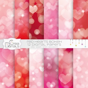 Red hearts valentine&#39;s bokeh, 12 digital papers, INSTANT DOWNLOAD