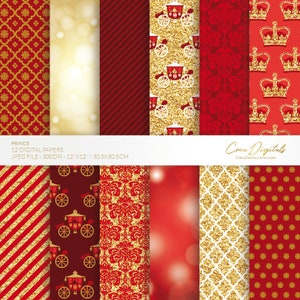 Little prince, 12 red and gold digital papers, INSTANT DOWNLOAD