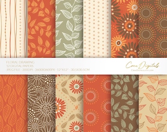 Hand-drawn flowers digital paper, orange, brow and beige seamless pattern, fall floral flowers, 12 digital paper pack, INSTANT DOWNLOAD