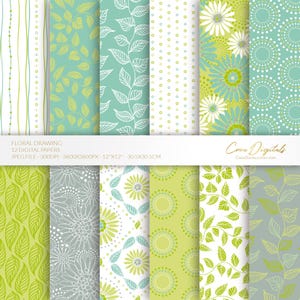 Hand-drawn flowers digital paper, green and grey seamless pattern, floral flowers, 12 digital paper pack, INSTANT DOWNLOAD