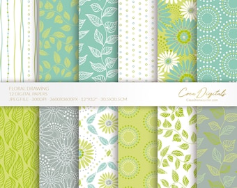Hand-drawn flowers digital paper, green and grey seamless pattern, floral flowers, 12 digital paper pack, INSTANT DOWNLOAD