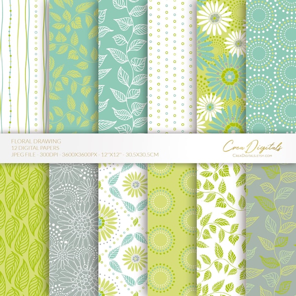 Hand-drawn flowers digital paper, green and grey seamless pattern, floral flowers, 12 digital paper pack, INSTANT DOWNLOAD