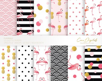 Pink flamingo, confetti seamless pattern, 12 digital paper pack, INSTANT DOWNLOAD