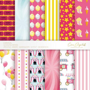 Carnival and circus digital paper, pink and aqua seamless pattern, big top, cotton candy, popcorn, 12 digital paper pack, INSTANT DOWNLOAD