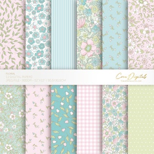 Carta digitale floreale, modello senza cuciture turchese, rosa e verde, fiori ditsy, pacchetto di carta digitale 12, DOWNLOAD IMMEDIATO