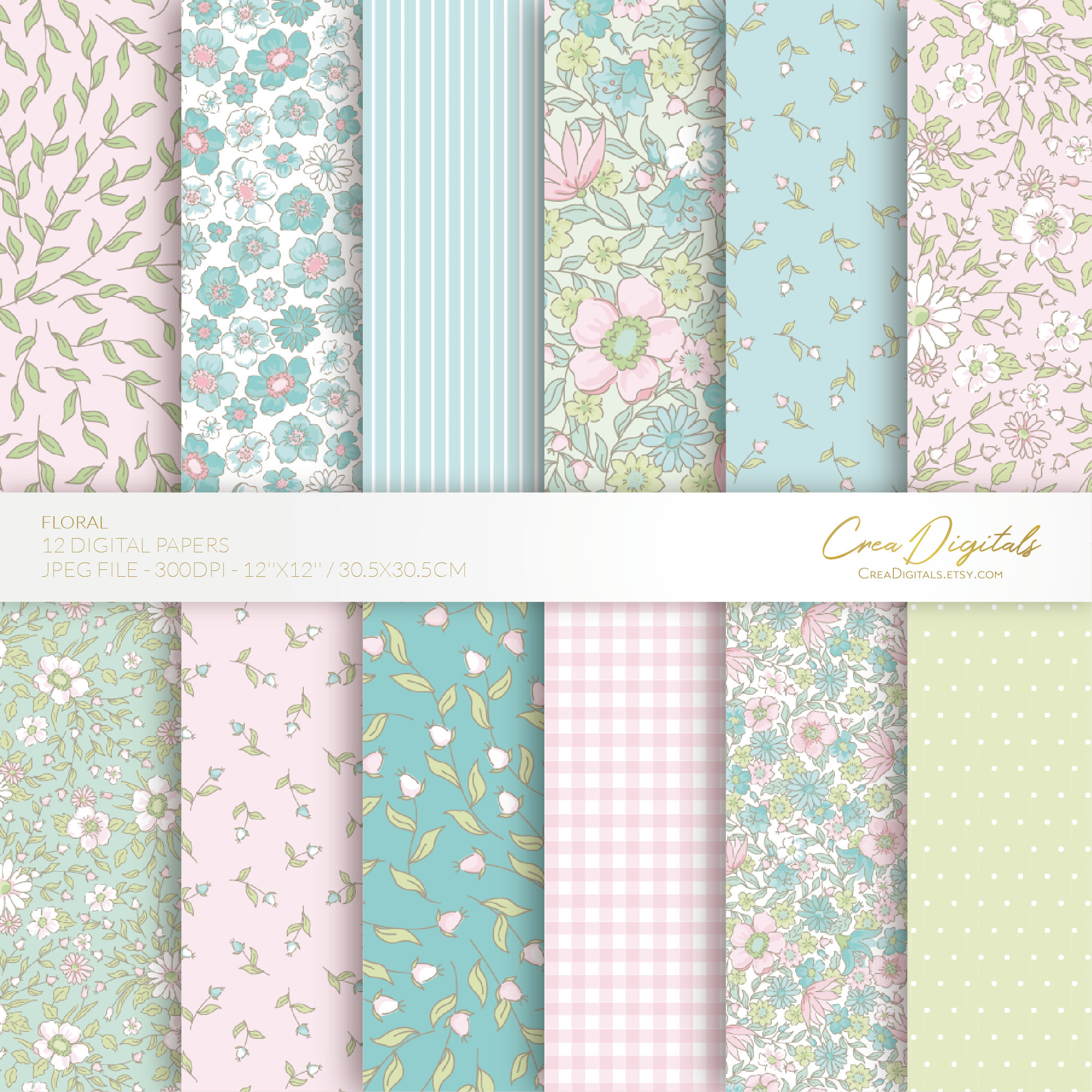 Floral digital paper, turquoise, pink and green seamless pattern, ditsy flowers, 12 digital paper pack, INSTANT DOWNLOAD