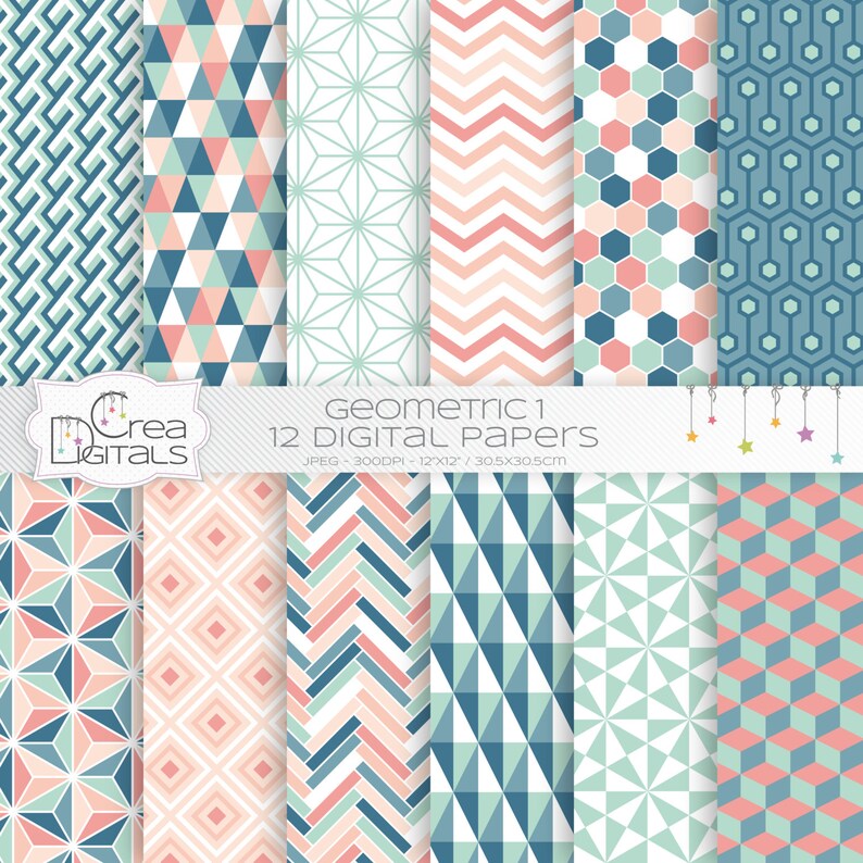 Coral and blue geometrics, 12 digital papers, INSTANT DOWNLOAD image 1