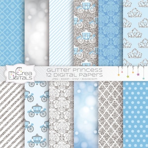 Glitter Fairy Princess, 12 blue and silver digital papers, INSTANT DOWNLOAD
