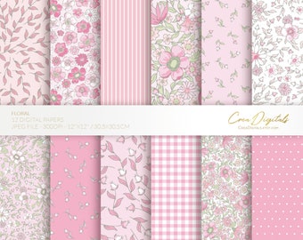 Floral digital paper, pink seamless pattern, ditsy flowers, 12 digital paper pack, INSTANT DOWNLOAD
