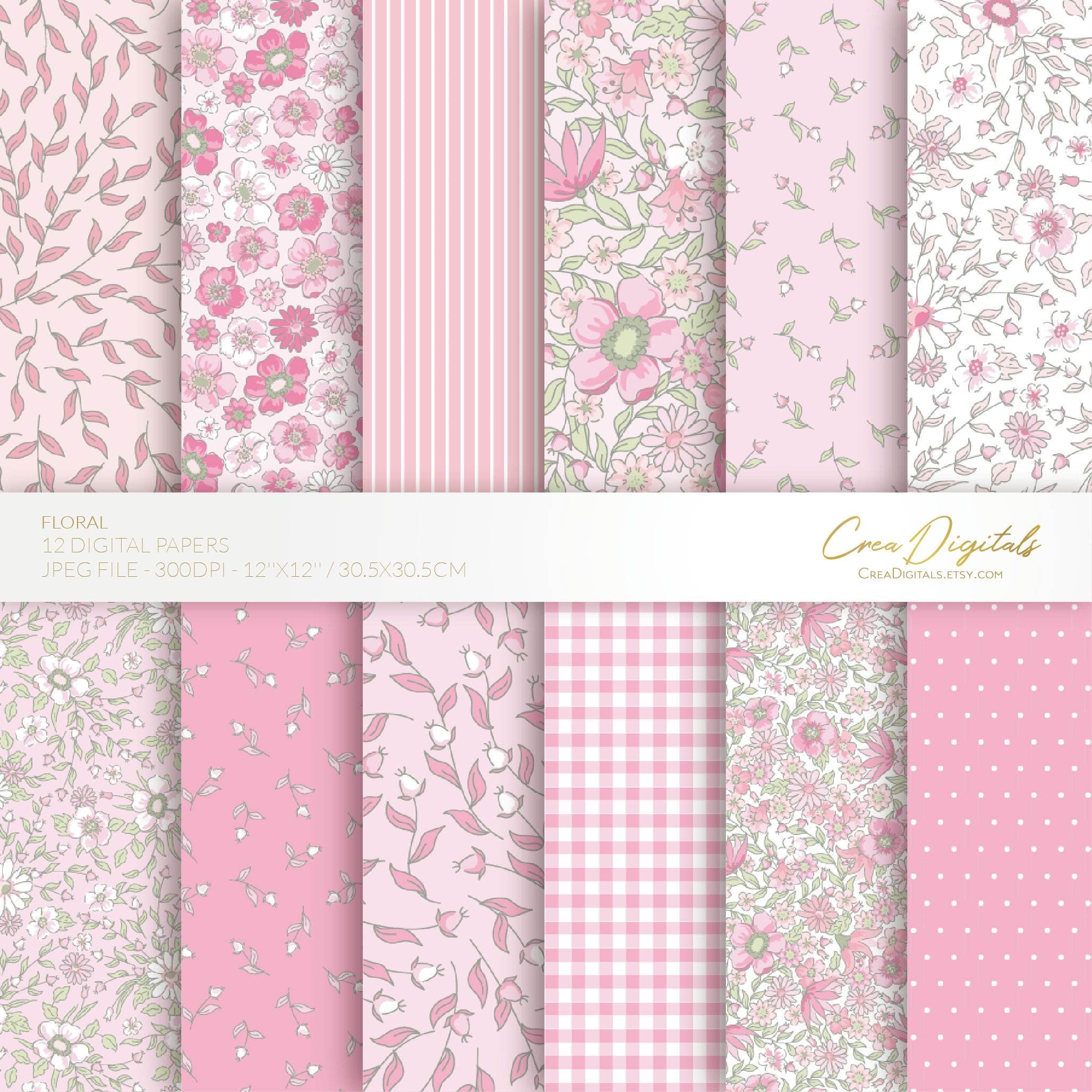 Floral Digital Paper, Pink Seamless Pattern, Ditsy Flowers, 12 Digital ...
