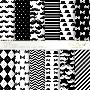 Papel digital homenzinho, pacote de papel digital para bebê sem costura, papel bigode branco e preto, DOWNLOAD INSTANTÂNEO