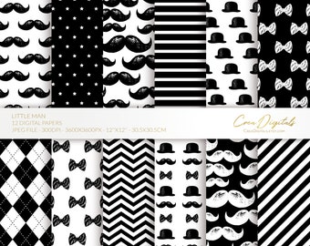 Little man digital paper, seamless baby boy digital paper pack, white and black mustache paper, INSTANT DOWNLOAD