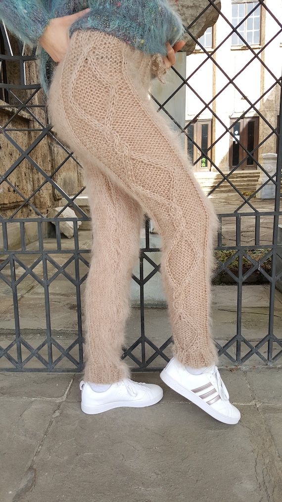 Beige Cable Knit Pants Thick Trousers Fuzzy Hand Knitted Fluffy