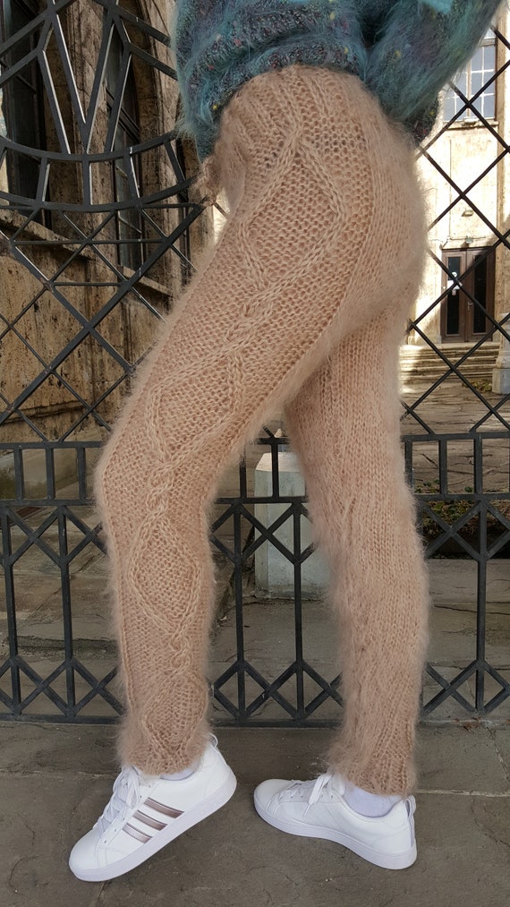 Beige Cable Knit Pants Thick Trousers Fuzzy Hand Knitted Fluffy