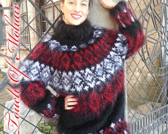 Fuzzy crewneck mohair sweater hand knitted fluffy pullover warm jumper Multi color by Touch of Mohair