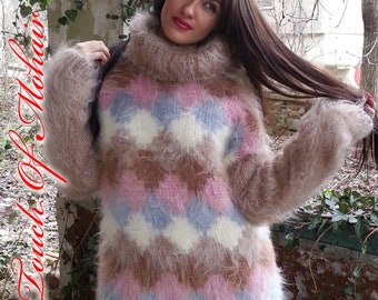 Unique multicolor sweater  jumper hand knitted mohair pullover turtleneck jumper by Touch of Mohair