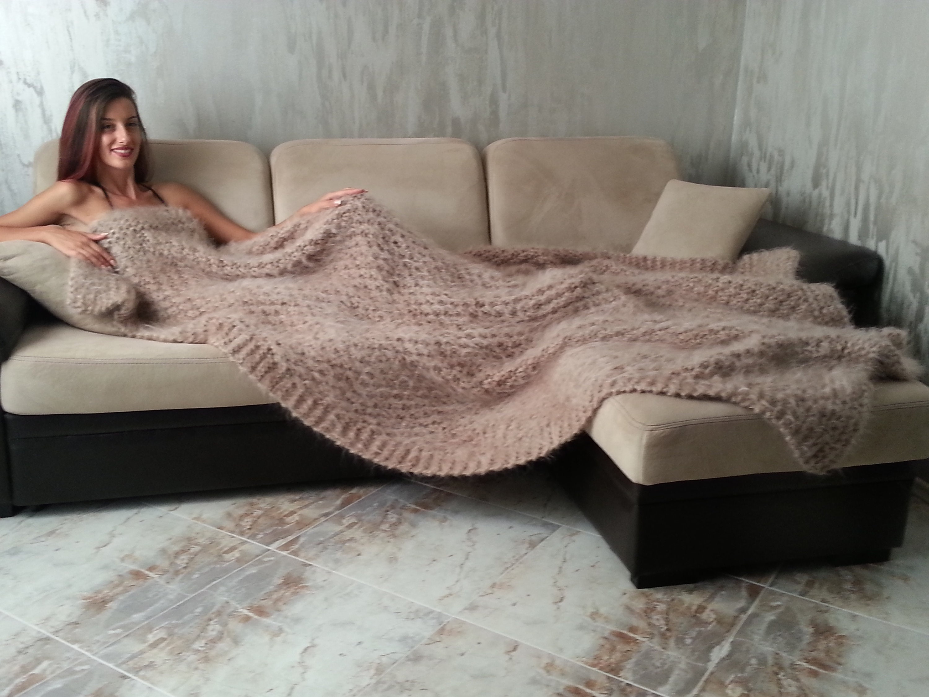 Hand Knitted Luxury Mohair BLANKET Beige PONCHO 5 STRANDS Designer
