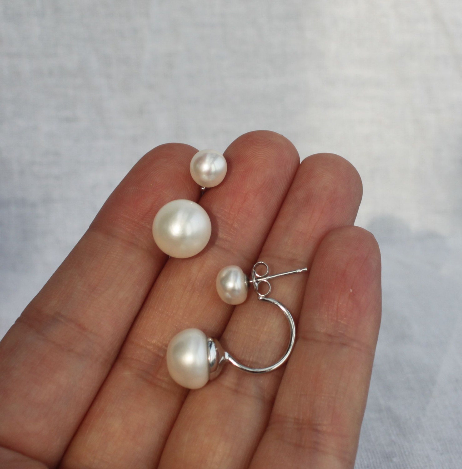 Double Pearl Earrings Set Wedding Floating Earrings Real Etsy