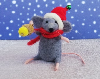 Aiguille de souris feutrée, décorations de Noël, souris de Noël en feutre, gris souris