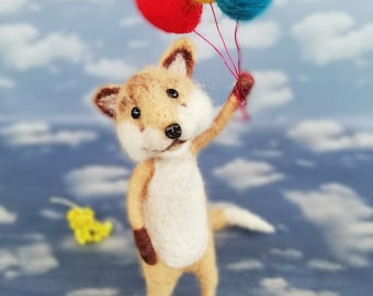 Aiguille feutre renard, Renard d’anniversaire, Fête d’anniversaire, Renard retient des ballons, Renard mignon, Animal de feutre, Décoration d’été, Poupée d’art, Le petit renard