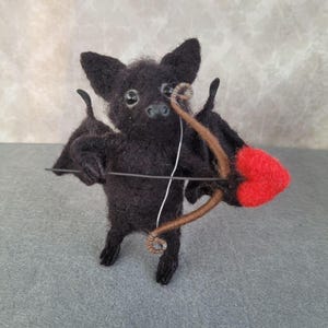 Needle felted bat, Bat Cupid, Felted art doll black bat