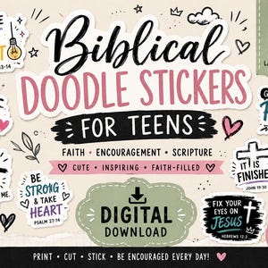 Può includere: Una collezione di adesivi digitali con citazioni bibliche e scarabocchi in nero, rosa e verde acqua. Il testo include Be the Salt & Light, Faith Can Move Mountains, God's Plan Not Mine, I Can Do All Things Through Christ e It Is Finished.