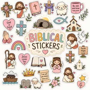 May include: A collection of colorful stickers featuring religious themes including Jesus, crosses, lambs, a church, a rainbow, a crown, and an open Bible. The central sticker displays the text BIBLICAL STICKERS in a decorative, scalloped-edge frame.