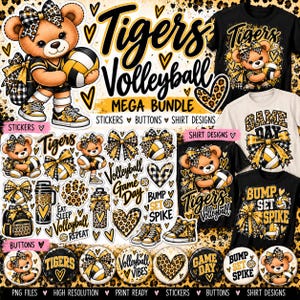 Puede incluir: Un paquete de diseños digitales con una mascota de oso de peluche con un voleibol, lazos con estampado de leopardo y corazones. Incluye textos como Tigers Volleyball, Game Day y Bump Set Spike para pegatinas, botones y camisetas.